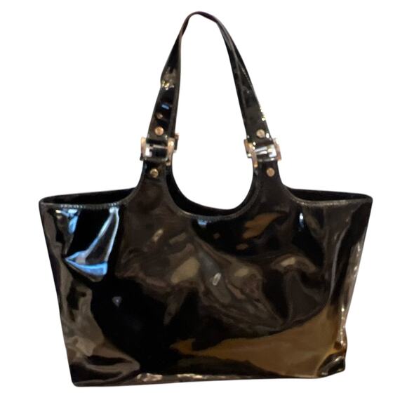 Vtg Tory Burch Perforated Logo Patent Tote Bag Purse Black Career Work Carry All - Picture 9 of 13